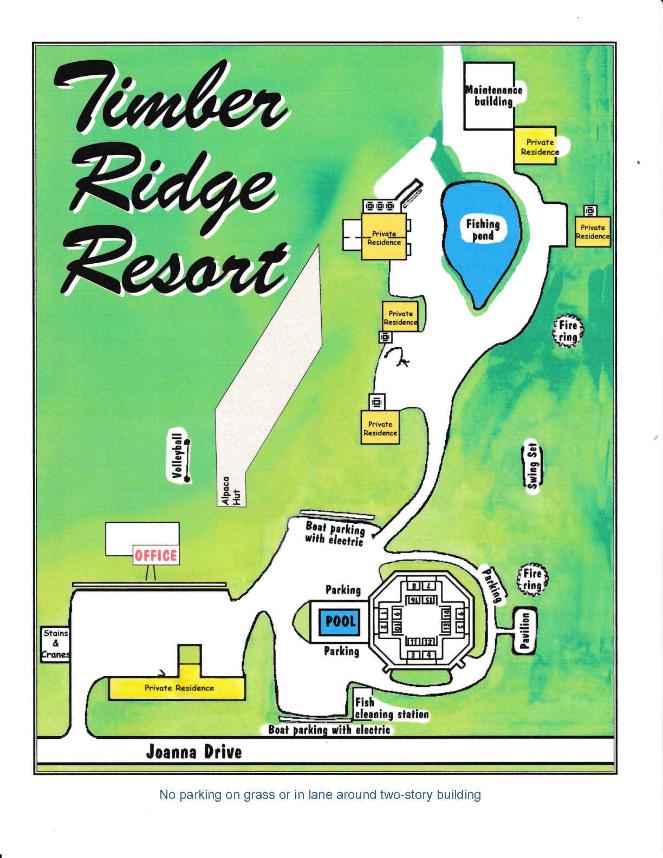 Timber Ridge map, Mark Twain lake, cabins, kitchenette units, motel units, alpacas, firering, pavilion, playground, game room, wooded setting